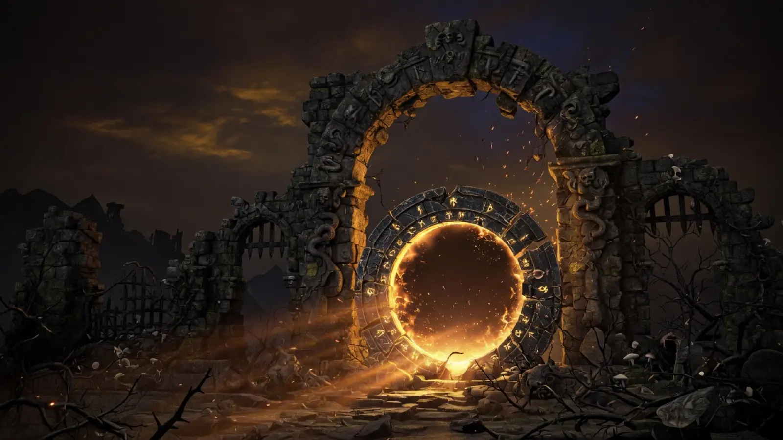 Stone gate lit by ember light — view official game options