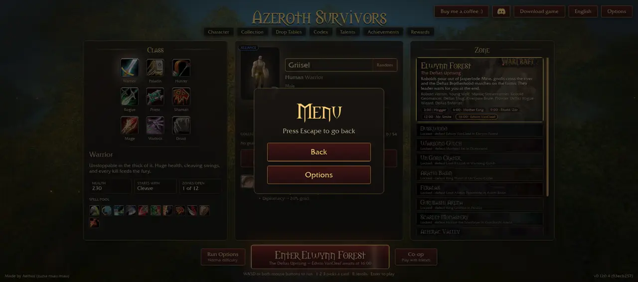 Azeroth Survivors main menu captured 2026-10-27